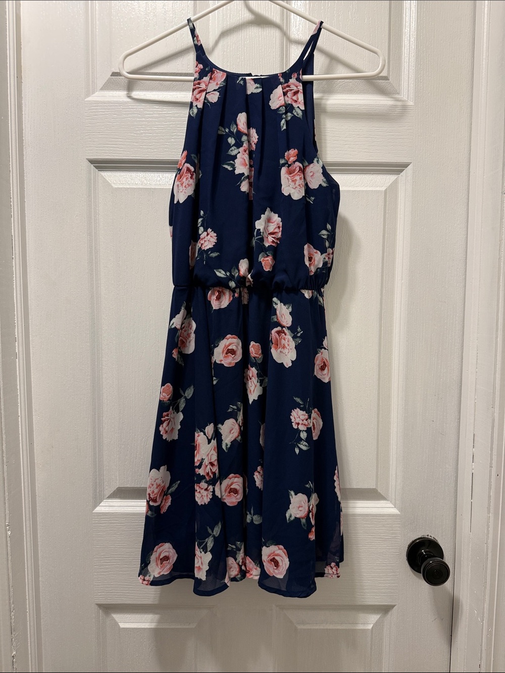 Blue Rain Navy Floral Midi Dress with Pink Rose Print - Picture 1 of 5